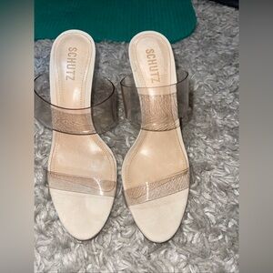 SCHUTZ Clear Strap Nude Slide Heels